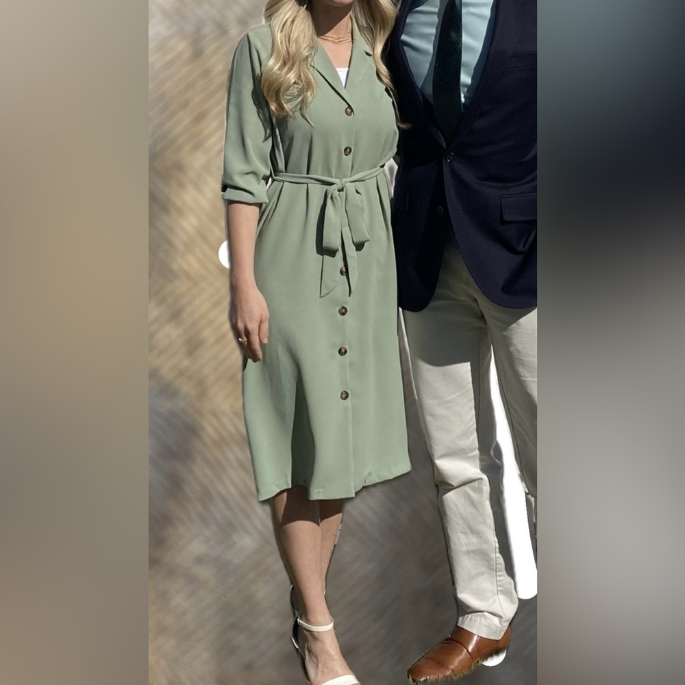 Green button front dress, tie belt matching